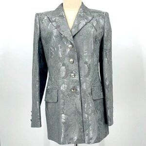 Escada Margaretha Ley gray long blazer sz 38 BoxV gray silver floral embroidery